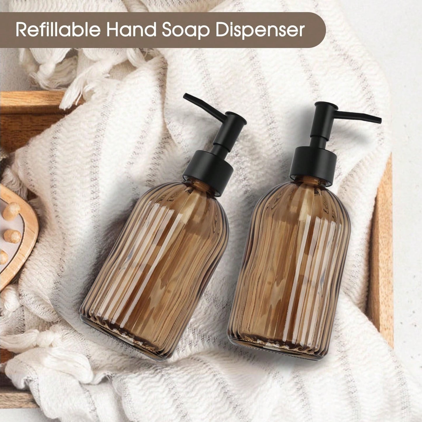 Stripe-Patterened Glass Soap Dispenser With Black Plastic Pump, 400ml Liquid Hand Soap Dispenser, Rustproof Pump For Kitchen & Bathroom, Great For Lotions, Essential Oil, Liquid Soaps-Amber