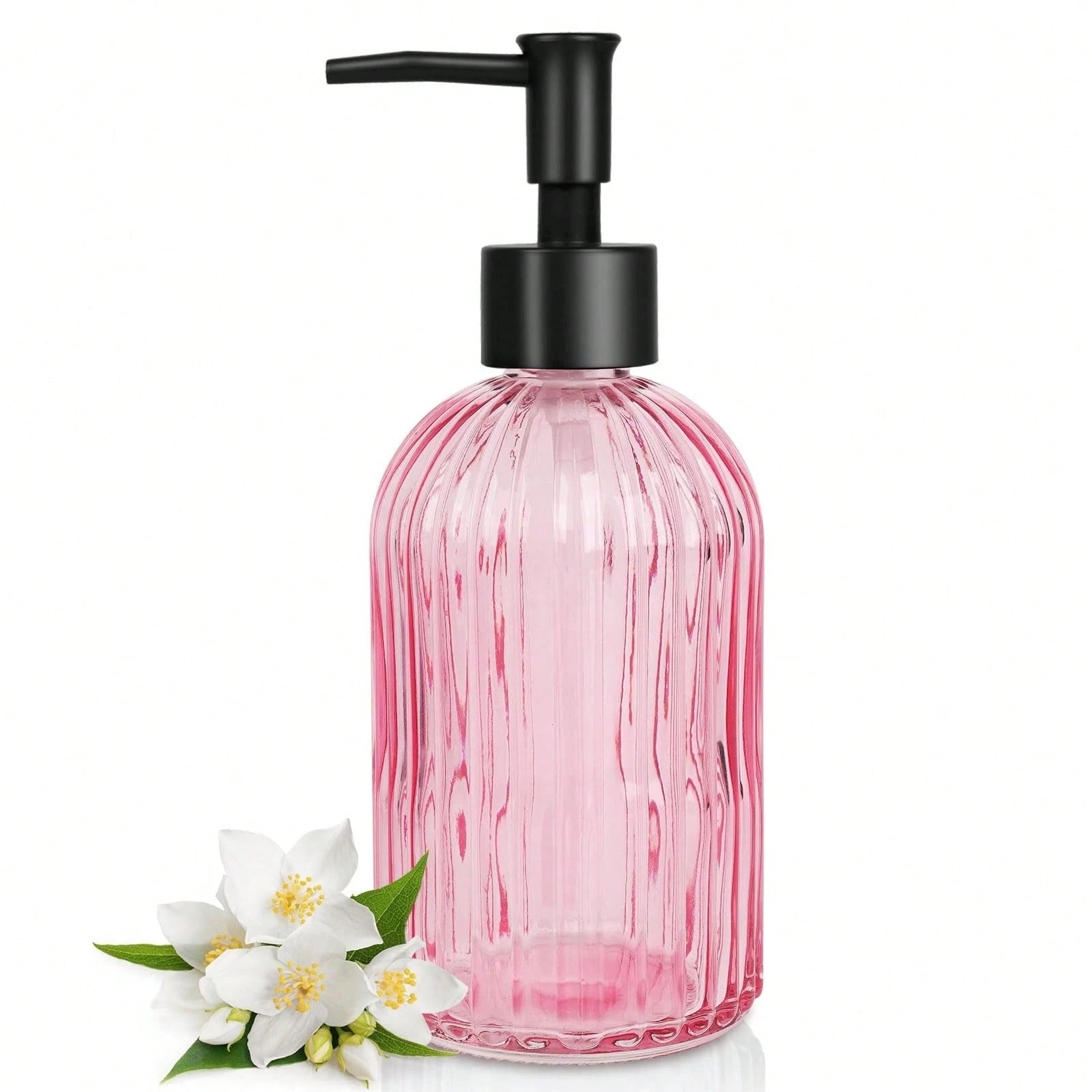 Stripe-Patterened Glass Soap Dispenser With Black Plastic Pump, 400ml Liquid Hand Soap Dispenser, Rustproof Pump For Kitchen & Bathroom, Great For Lotions, Essential Oil, Liquid Soaps-Amber