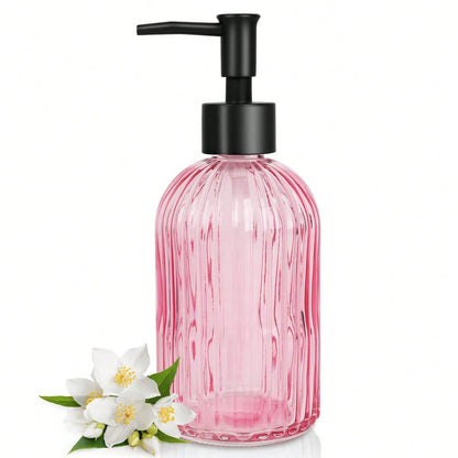 Stripe-Patterened Glass Soap Dispenser With Black Plastic Pump, 400ml Liquid Hand Soap Dispenser, Rustproof Pump For Kitchen & Bathroom, Great For Lotions, Essential Oil, Liquid Soaps-Amber