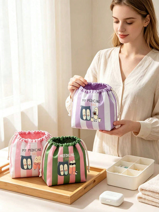 Striped Drawstring Small Pill Pouch, Cute Pill Pattern, Portable Medicine Storage Bag, Travel Pill Bag, Large Capacity Travel Organizer, Makeup Bag, Multi-Functional Storage Bag, Medicine Storage, Hom