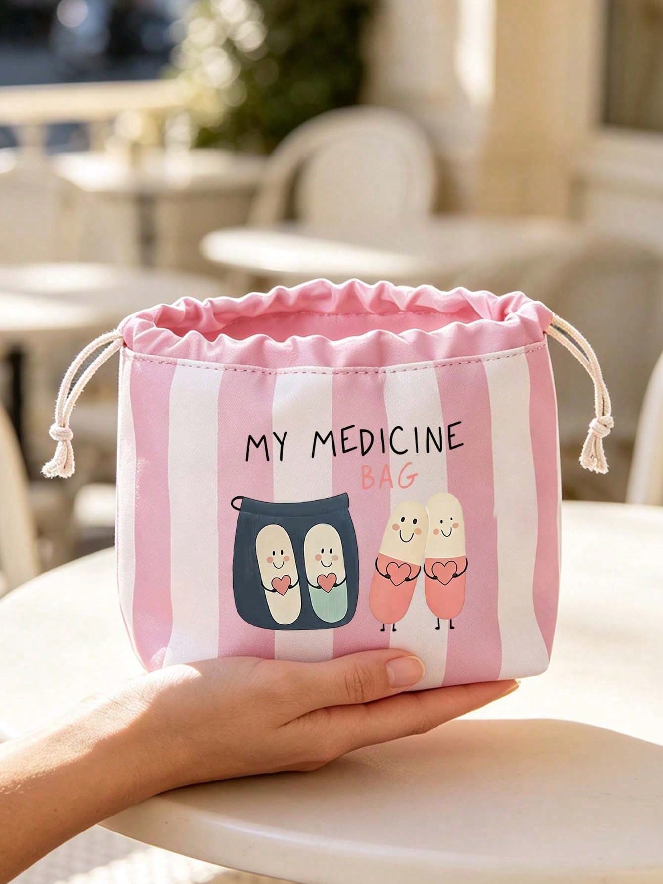 Striped Drawstring Small Pill Pouch, Cute Pill Pattern, Portable Medicine Storage Bag, Travel Pill Bag, Large Capacity Travel Organizer, Makeup Bag, Multi-Functional Storage Bag, Medicine Storage, Hom