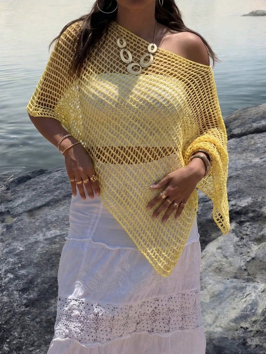 Sultry Sol Women's Casual Sexy Solid Color Hollow-Out Cropped Top, Bat Wing Asymmetric Hem Poncho Style Cover Up, Summer Beach Vacation Outerwear Yellow