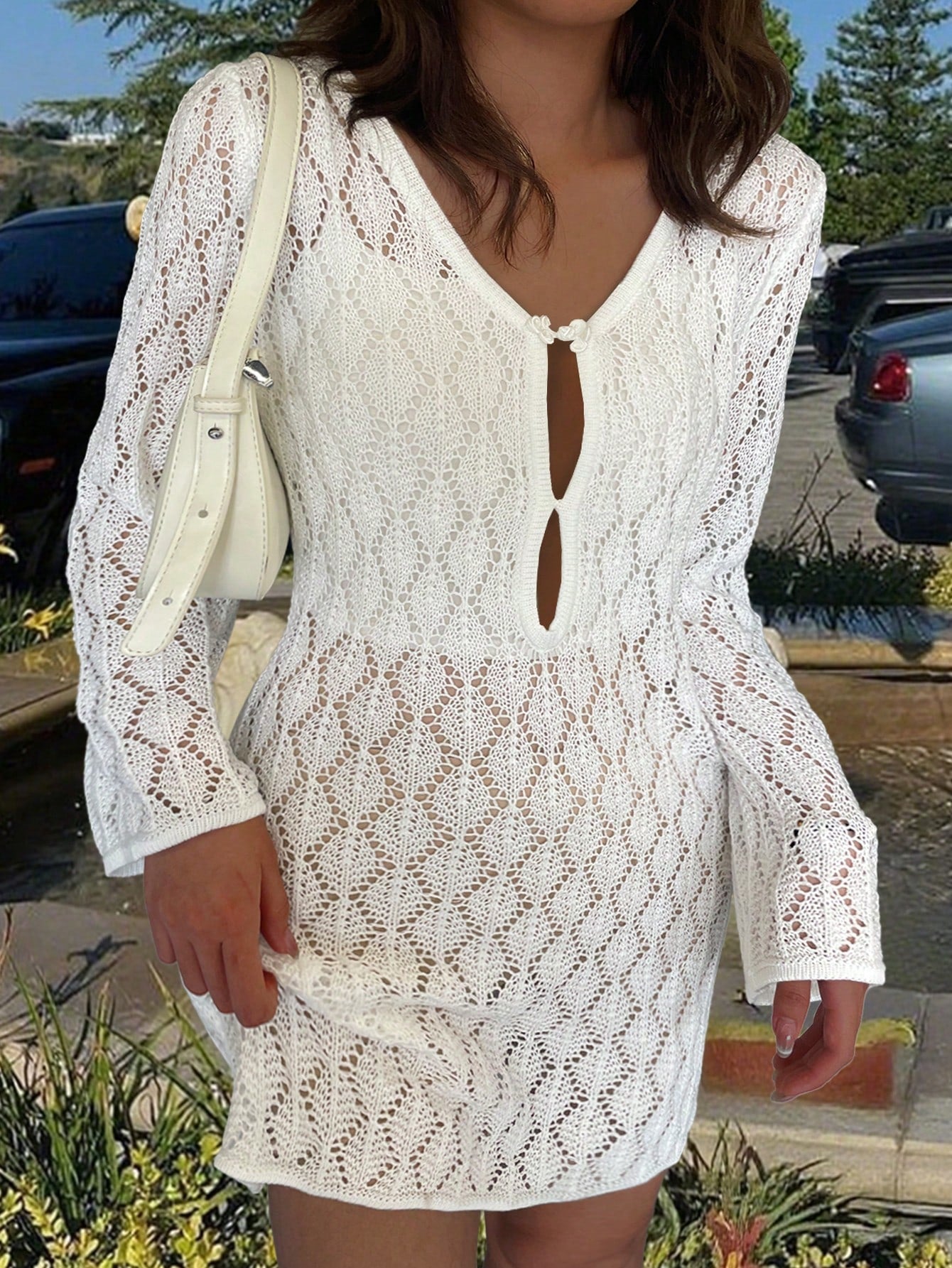 Sultry Sol Women's Summer Vacation V-Neck Sheer Mesh Hollow Out Knot Button Crochet Long Sleeve Cover Up Sexy Solid Color Bodycon Mini Knit Beach Bikini Dress, Resort Wear