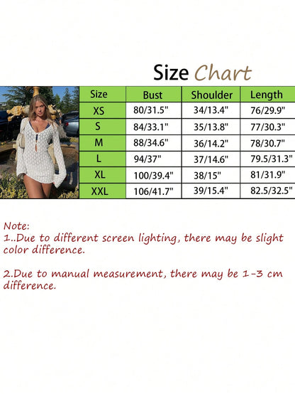 Sultry Sol Women's Summer Vacation V-Neck Sheer Mesh Hollow Out Knot Button Crochet Long Sleeve Cover Up Sexy Solid Color Bodycon Mini Knit Beach Bikini Dress, Resort Wear