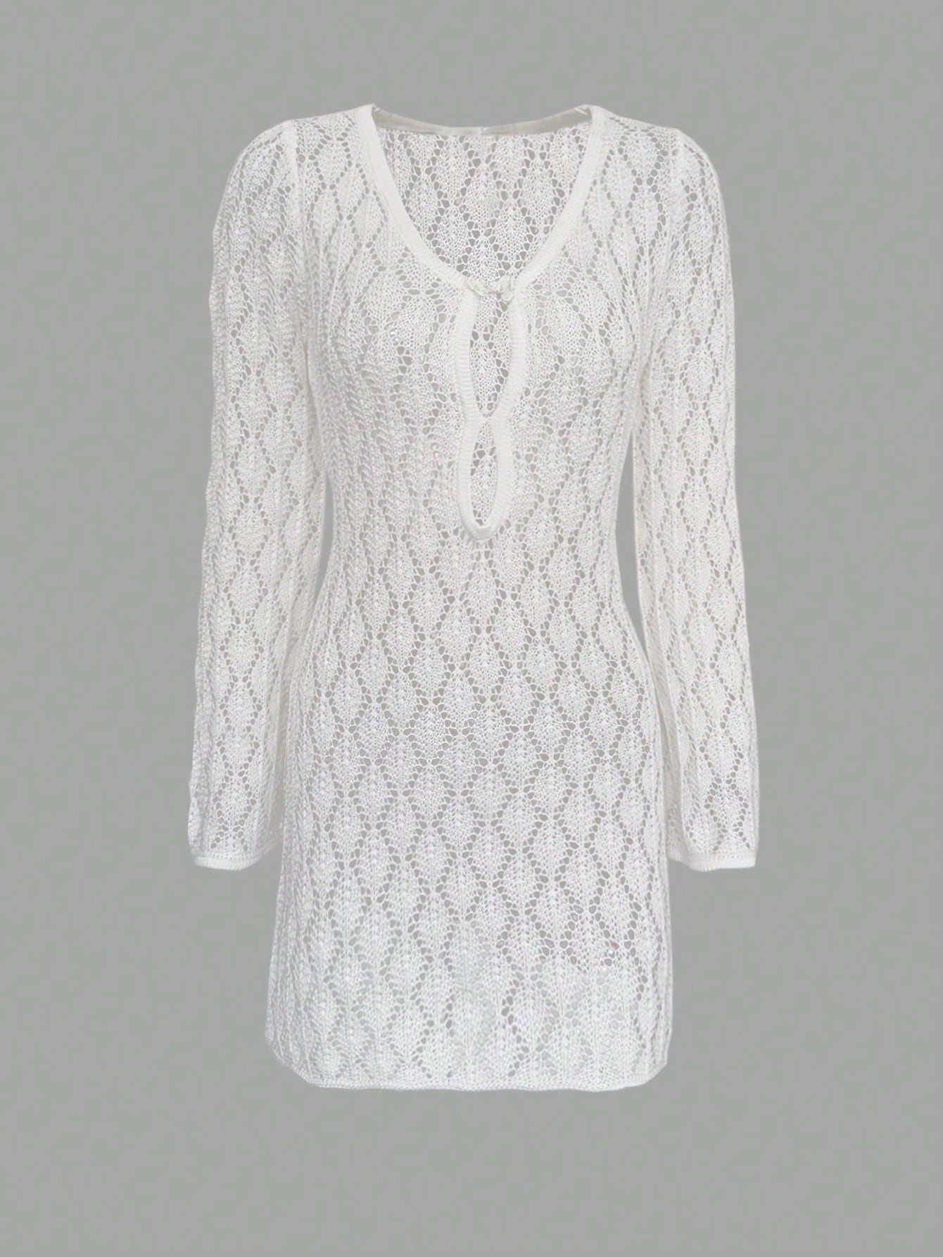 Sultry Sol Women's Summer Vacation V-Neck Sheer Mesh Hollow Out Knot Button Crochet Long Sleeve Cover Up Sexy Solid Color Bodycon Mini Knit Beach Bikini Dress, Resort Wear