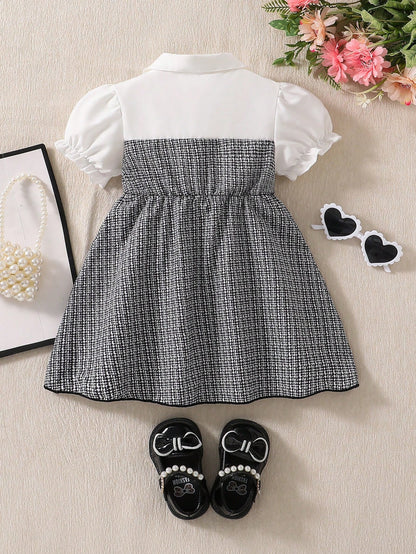 Summer Baby Girl Elegant Dress, White Shirt Collar Puff Sleeve, Black & White Plaid Main Color, Black Bow Decor, Fashionable & Chic Outfit For Baby Girl Party & Outing