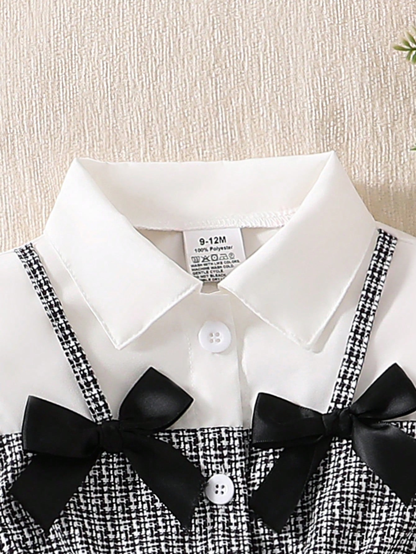 Summer Baby Girl Elegant Dress, White Shirt Collar Puff Sleeve, Black & White Plaid Main Color, Black Bow Decor, Fashionable & Chic Outfit For Baby Girl Party & Outing
