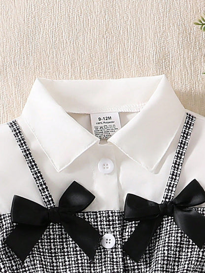 Summer Baby Girl Elegant Dress, White Shirt Collar Puff Sleeve, Black & White Plaid Main Color, Black Bow Decor, Fashionable & Chic Outfit For Baby Girl Party & Outing
