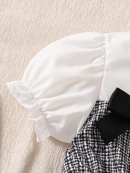 Summer Baby Girl Elegant Dress, White Shirt Collar Puff Sleeve, Black & White Plaid Main Color, Black Bow Decor, Fashionable & Chic Outfit For Baby Girl Party & Outing