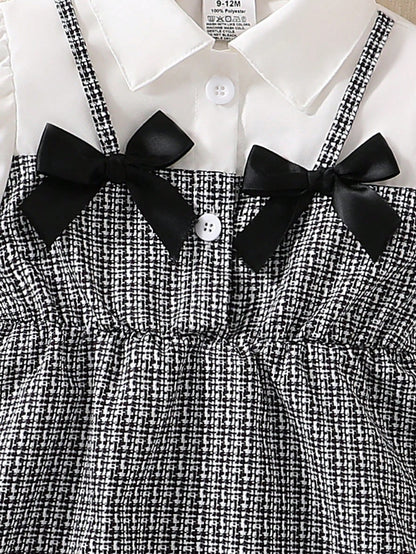 Summer Baby Girl Elegant Dress, White Shirt Collar Puff Sleeve, Black & White Plaid Main Color, Black Bow Decor, Fashionable & Chic Outfit For Baby Girl Party & Outing