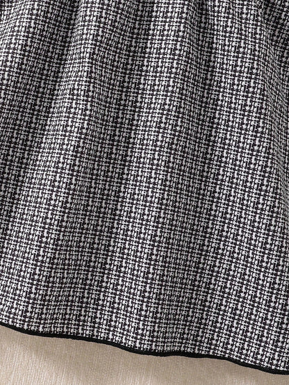 Summer Baby Girl Elegant Dress, White Shirt Collar Puff Sleeve, Black & White Plaid Main Color, Black Bow Decor, Fashionable & Chic Outfit For Baby Girl Party & Outing