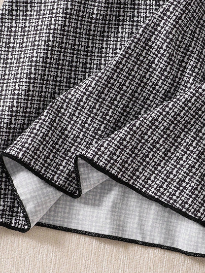 Summer Baby Girl Elegant Dress, White Shirt Collar Puff Sleeve, Black & White Plaid Main Color, Black Bow Decor, Fashionable & Chic Outfit For Baby Girl Party & Outing