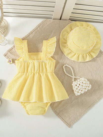 Summer Baby Girls' Striped Bodysuit With Big Bow Decor, Cap Sleeve Bib Overall, Versatile Outfits For Infants, Comes With Sun Hat, Newborn Summer Clothing Gift