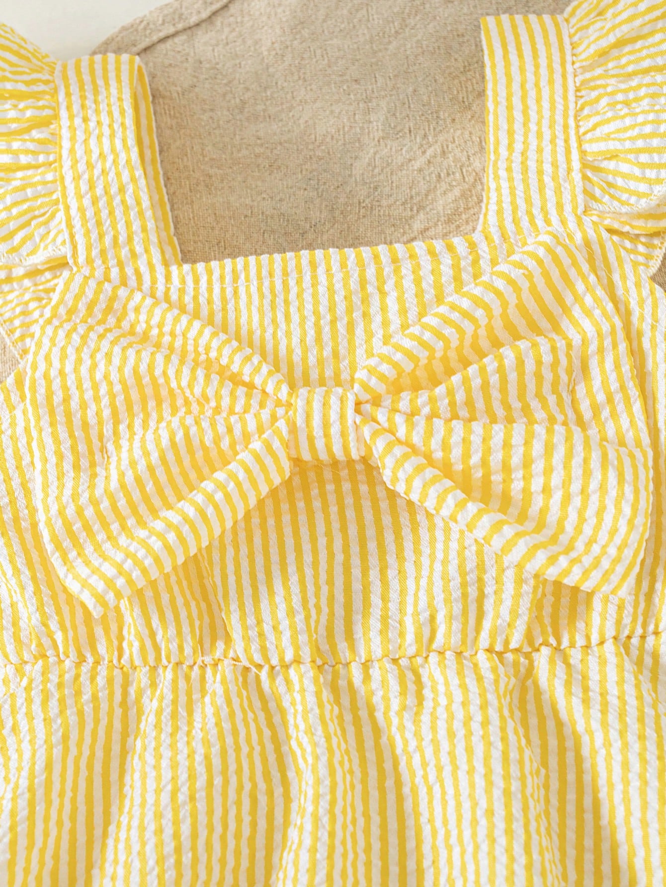 Summer Baby Girls' Striped Bodysuit With Big Bow Decor, Cap Sleeve Bib Overall, Versatile Outfits For Infants, Comes With Sun Hat, Newborn Summer Clothing Gift