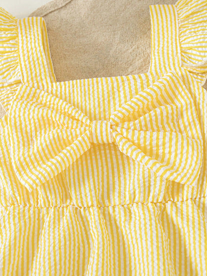 Summer Baby Girls' Striped Bodysuit With Big Bow Decor, Cap Sleeve Bib Overall, Versatile Outfits For Infants, Comes With Sun Hat, Newborn Summer Clothing Gift