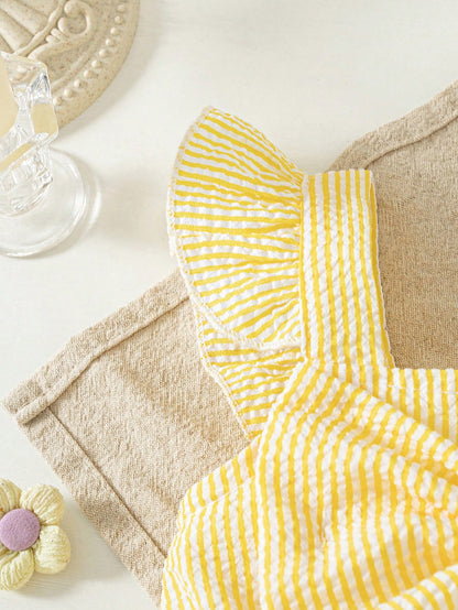 Summer Baby Girls' Striped Bodysuit With Big Bow Decor, Cap Sleeve Bib Overall, Versatile Outfits For Infants, Comes With Sun Hat, Newborn Summer Clothing Gift