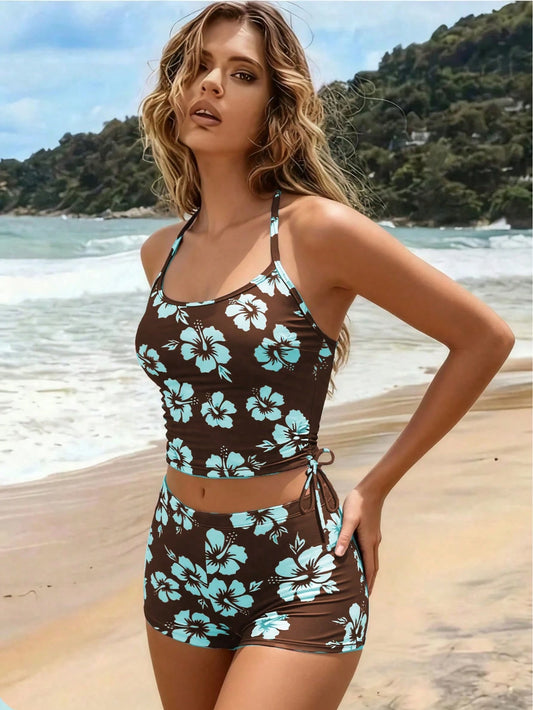 Summer Beach New 2-Piece Fashion Tankini Swimsuit Set, Full Coverage Tank Top With Spaghetti Straps, Floral Print, Conservative Bikini Shorts, Elegant Beach Vacation Style