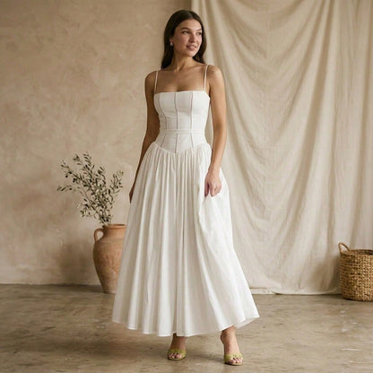 Summer Dresses For WomenElegant Spaghetti Strap Square Neck White Maxi Dress, Fitted Corset Detail Flowy Pleated Long Dress, Casual Pdresses For Wome