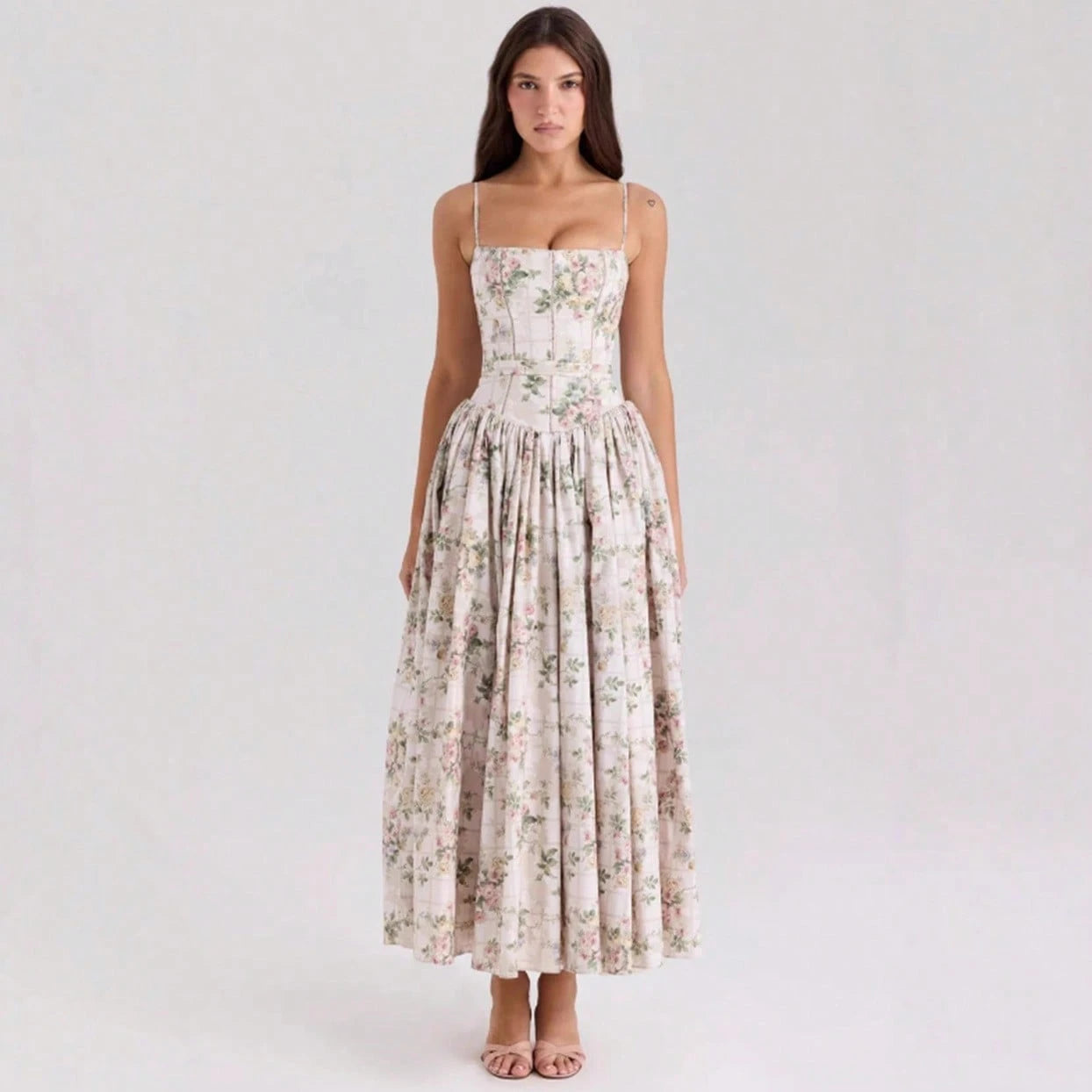 Summer Dresses For WomenElegant Spaghetti Strap Square Neck White Maxi Dress, Fitted Corset Detail Flowy Pleated Long Dress, Casual Pdresses For Wome