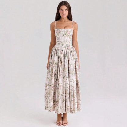 Summer Dresses For WomenElegant Spaghetti Strap Square Neck White Maxi Dress, Fitted Corset Detail Flowy Pleated Long Dress, Casual Pdresses For Wome