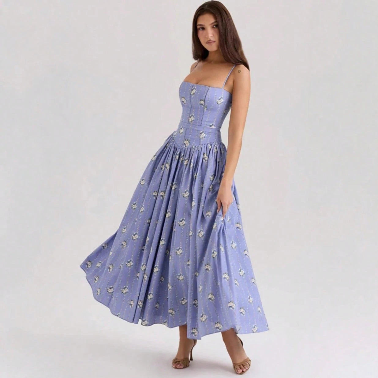 Summer Dresses For WomenElegant Spaghetti Strap Square Neck White Maxi Dress, Fitted Corset Detail Flowy Pleated Long Dress, Casual Pdresses For Wome