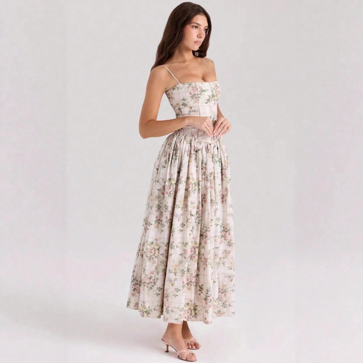 Summer Dresses For WomenElegant Spaghetti Strap Square Neck White Maxi Dress, Fitted Corset Detail Flowy Pleated Long Dress, Casual Pdresses For Wome
