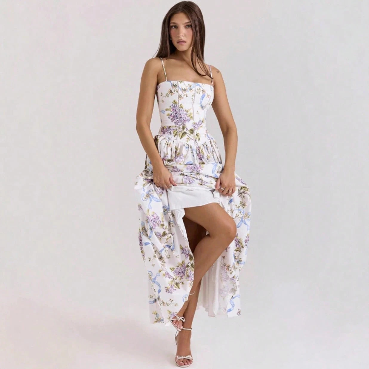 Summer Dresses For WomenElegant Spaghetti Strap Square Neck White Maxi Dress, Fitted Corset Detail Flowy Pleated Long Dress, Casual Pdresses For Wome
