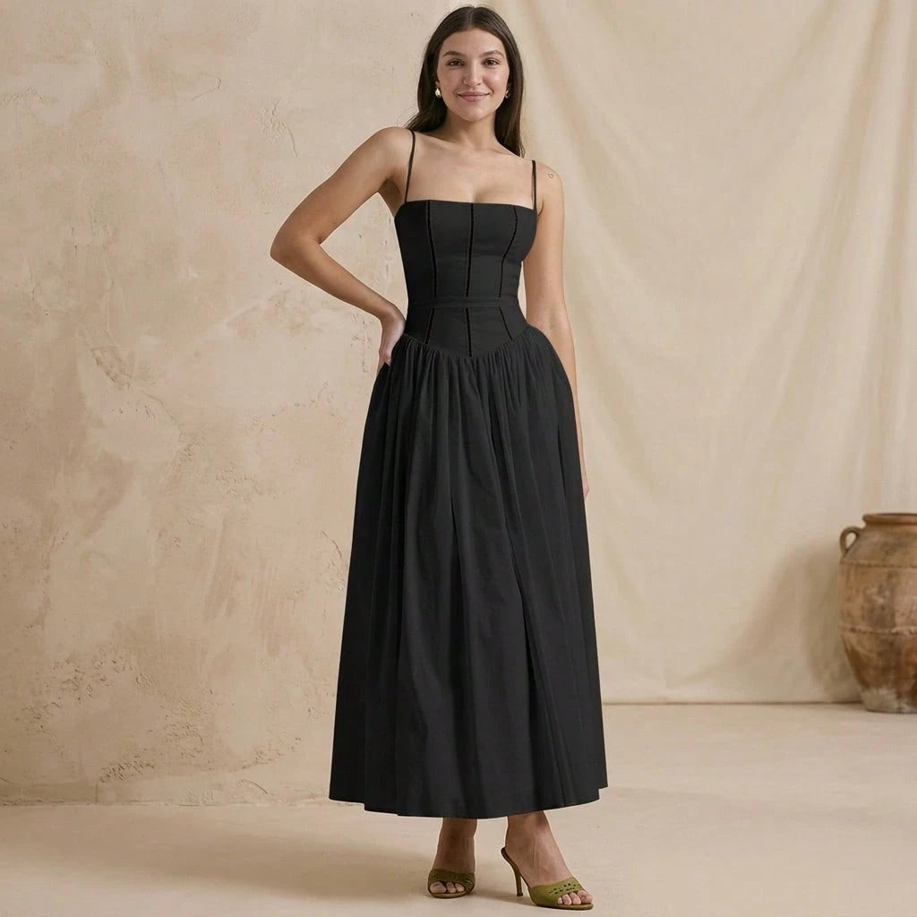 Summer Dresses For WomenElegant Spaghetti Strap Square Neck White Maxi Dress, Fitted Corset Detail Flowy Pleated Long Dress, Casual Pdresses For Wome