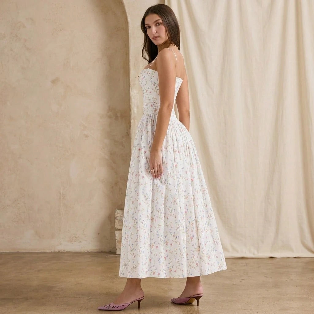 Summer Dresses For WomenElegant Spaghetti Strap Square Neck White Maxi Dress, Fitted Corset Detail Flowy Pleated Long Dress, Casual Pdresses For Wome