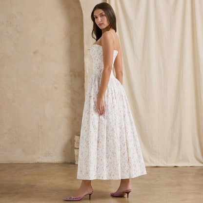 Summer Dresses For WomenElegant Spaghetti Strap Square Neck White Maxi Dress, Fitted Corset Detail Flowy Pleated Long Dress, Casual Pdresses For Wome