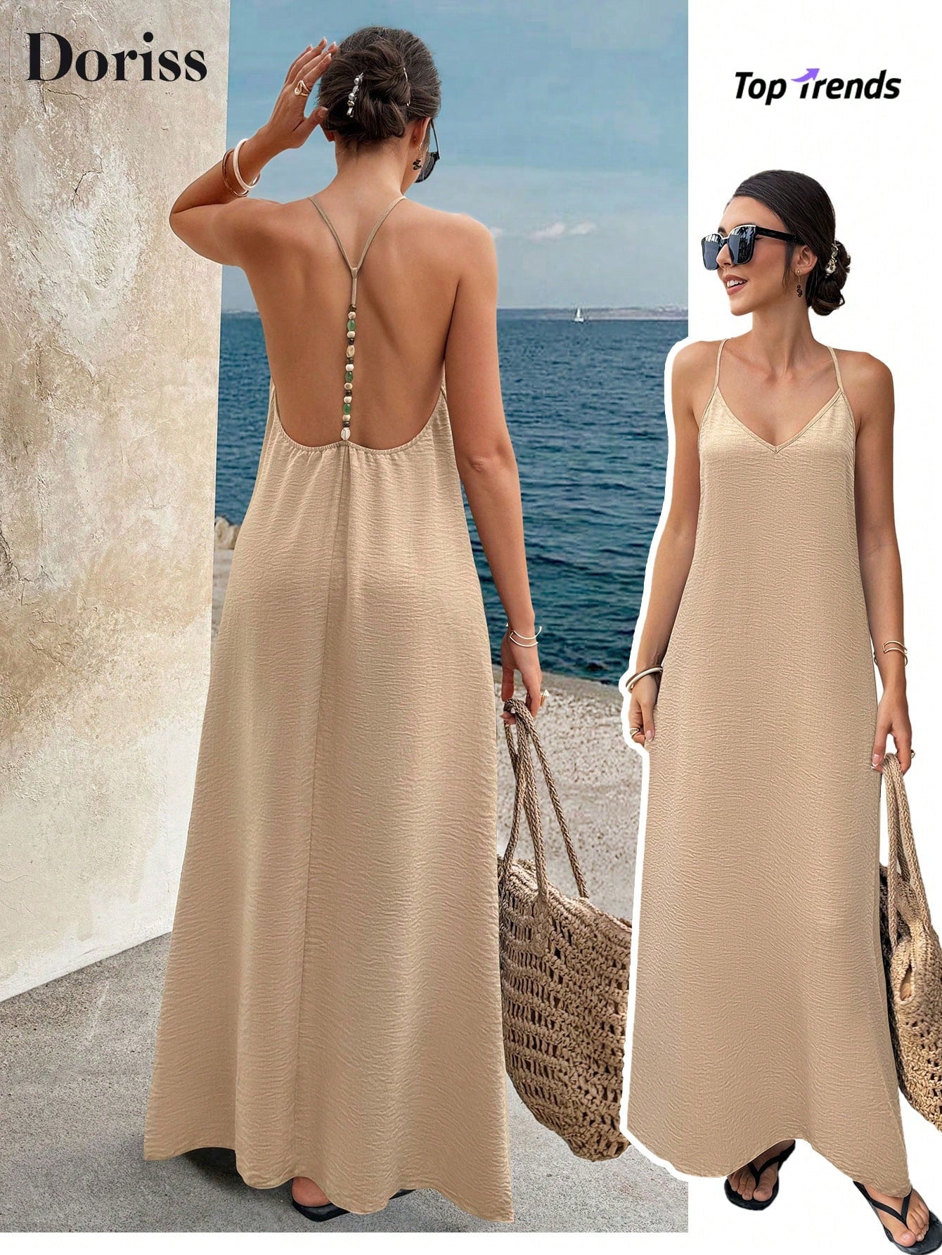 Summer Khaki Sequin Backless Spaghetti Strap Maxi Dress, Elegant Party Beach Vacation Casual Wear