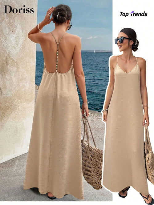 Summer Khaki Sequin Backless Spaghetti Strap Maxi Dress, Elegant Party Beach Vacation Casual Wear
