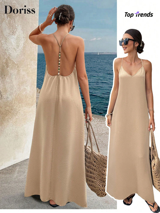 Summer Khaki Sequin Backless Spaghetti Strap Maxi Dress, Elegant Party Beach Vacation Casual Wear