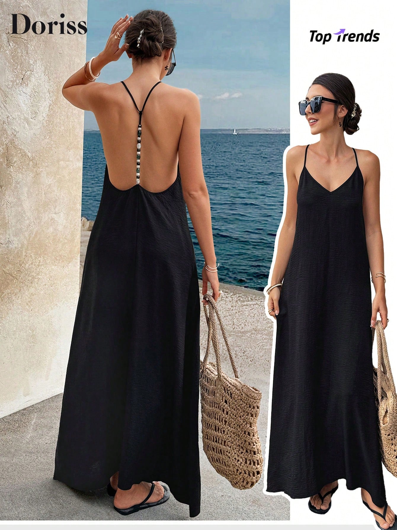 Summer Khaki Sequin Backless Spaghetti Strap Maxi Dress, Elegant Party Beach Vacation Casual Wear