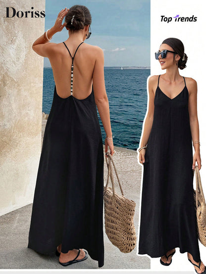Summer Khaki Sequin Backless Spaghetti Strap Maxi Dress, Elegant Party Beach Vacation Casual Wear