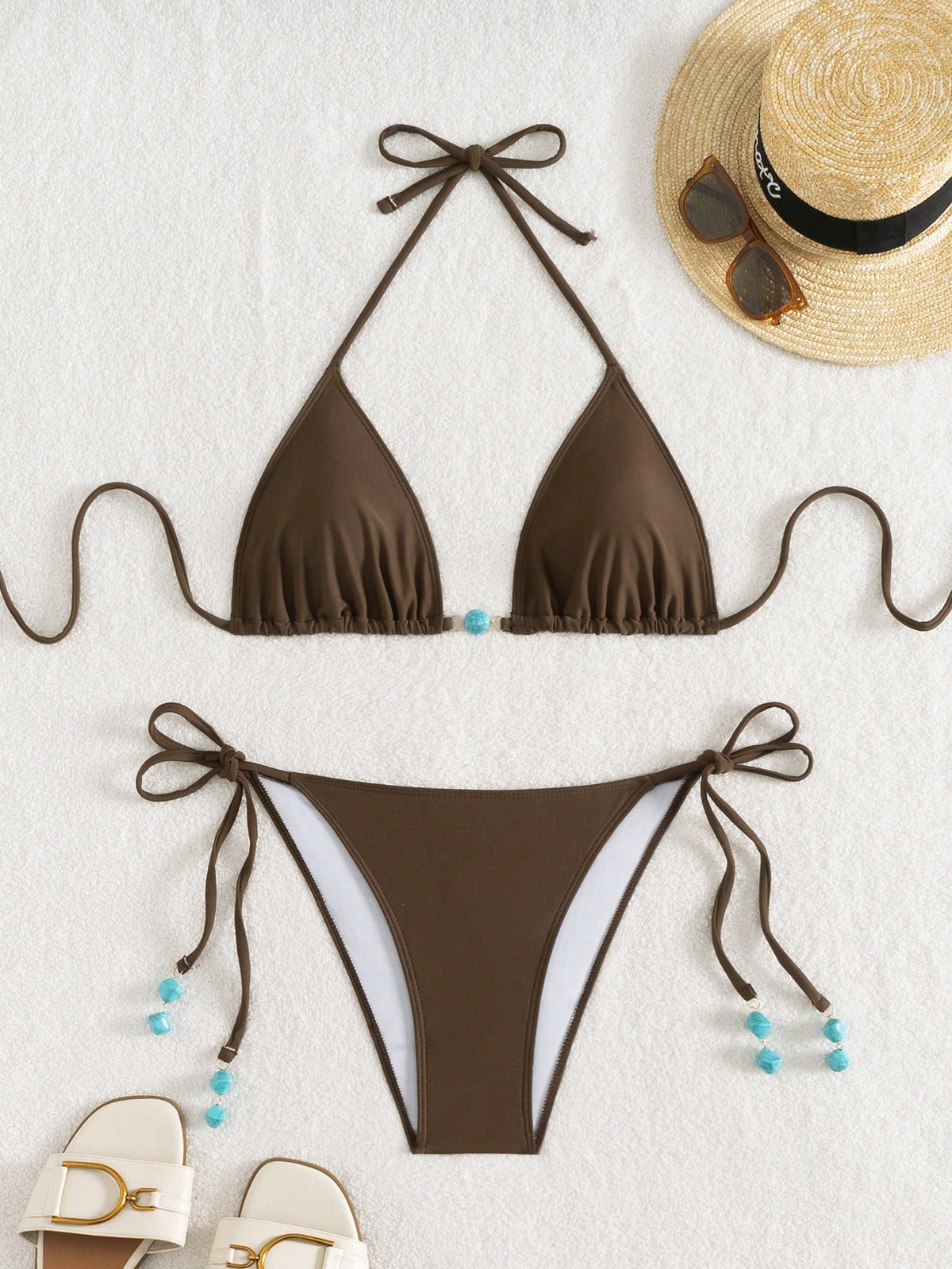 Summer New Spaghetti Strap Back Tie Brown Bikini Bottoms With Side Tie Blue Beaded End Women 2 Pieces Swimwear Vacation Beach