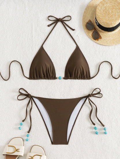 Summer New Spaghetti Strap Back Tie Brown Bikini Bottoms With Side Tie Blue Beaded End Women 2 Pieces Swimwear Vacation Beach