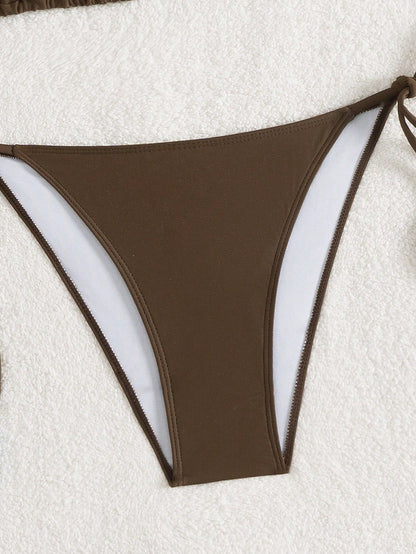Summer New Spaghetti Strap Back Tie Brown Bikini Bottoms With Side Tie Blue Beaded End Women 2 Pieces Swimwear Vacation Beach