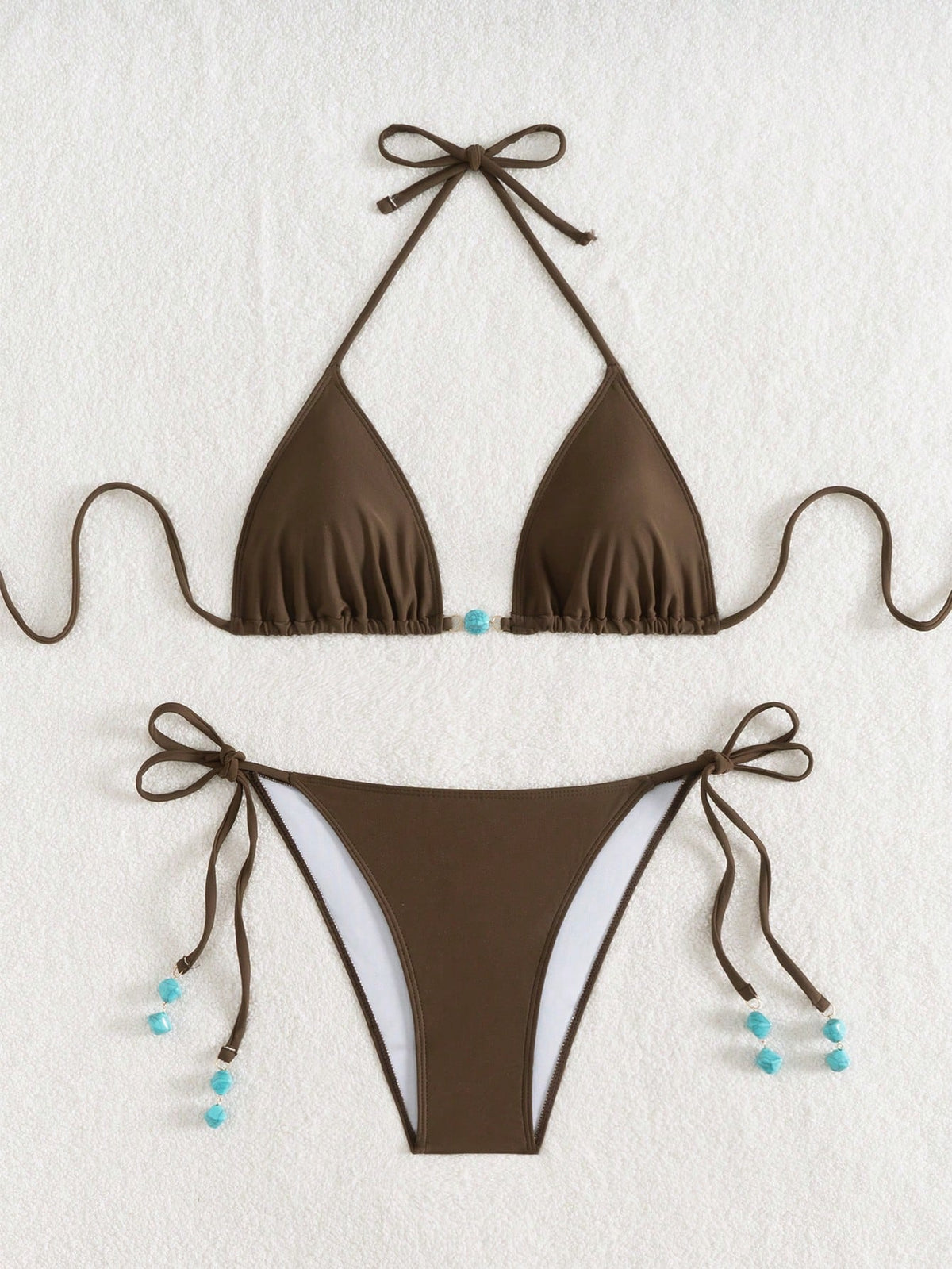 Summer New Spaghetti Strap Back Tie Brown Bikini Bottoms With Side Tie Blue Beaded End Women 2 Pieces Swimwear Vacation Beach