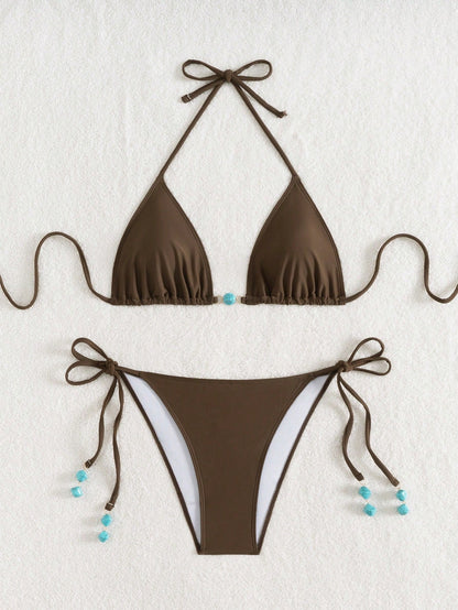 Summer New Spaghetti Strap Back Tie Brown Bikini Bottoms With Side Tie Blue Beaded End Women 2 Pieces Swimwear Vacation Beach