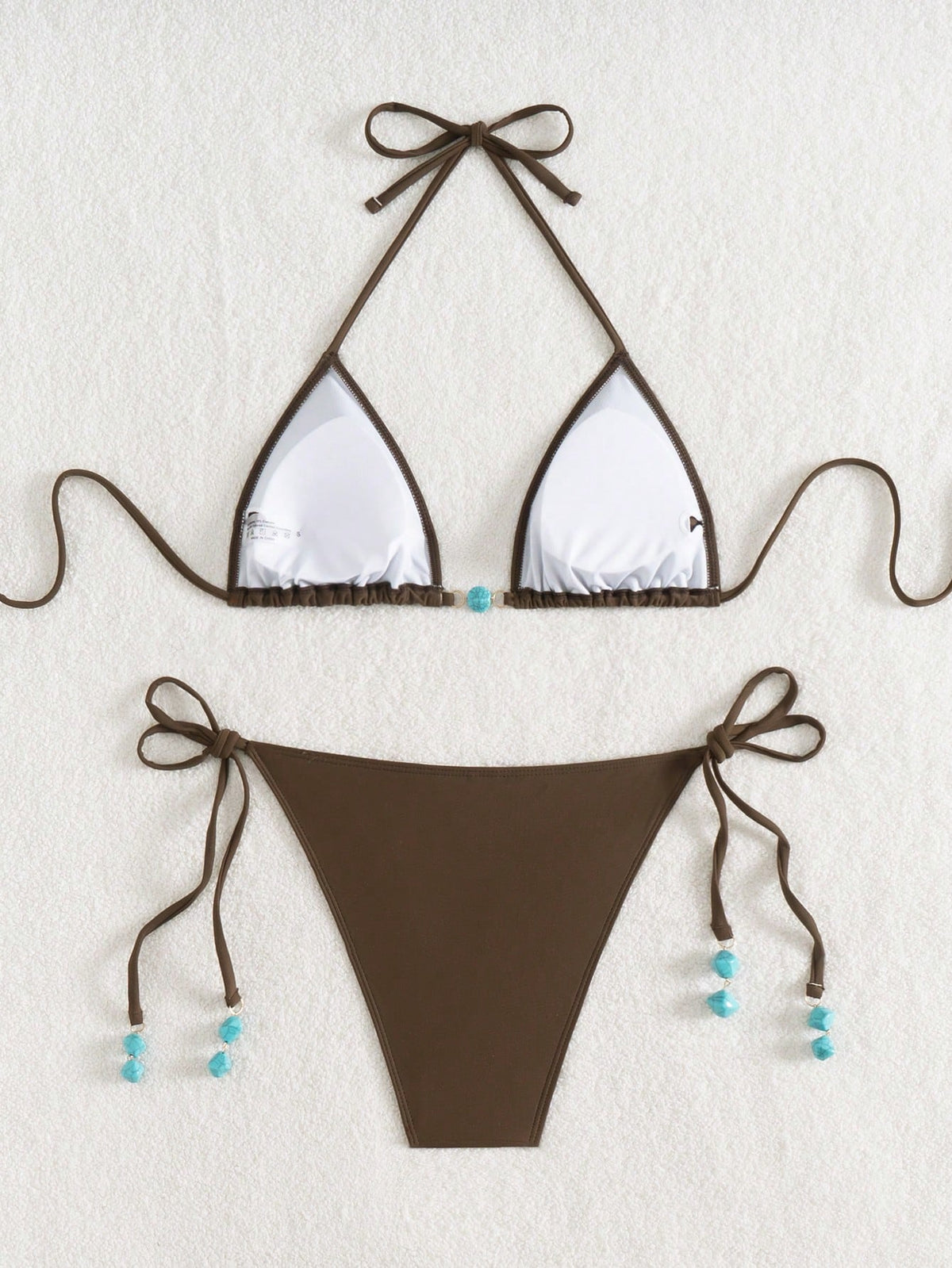 Summer New Spaghetti Strap Back Tie Brown Bikini Bottoms With Side Tie Blue Beaded End Women 2 Pieces Swimwear Vacation Beach