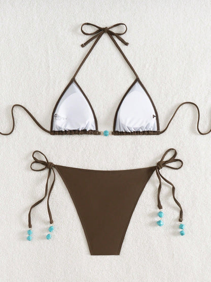 Summer New Spaghetti Strap Back Tie Brown Bikini Bottoms With Side Tie Blue Beaded End Women 2 Pieces Swimwear Vacation Beach