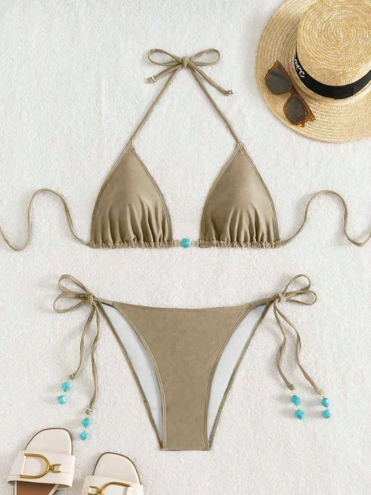 Summer New Spaghetti Strap Back Tie Brown Bikini Bottoms With Side Tie Blue Beaded End Women 2 Pieces Swimwear Vacation Beach