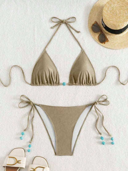 Summer New Spaghetti Strap Back Tie Brown Bikini Bottoms With Side Tie Blue Beaded End Women 2 Pieces Swimwear Vacation Beach