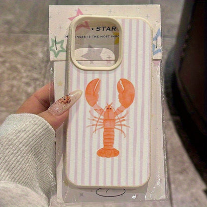 Summer Pink Striped Lobster Design Phone Case For 16 Pro Max, 15 Pro Max/14 Plus/16/13 Pro/12/X/XR/XS Max- Fashionable White Lychee Pattern Shockproof Protective Cover Suitable For Various Occasions