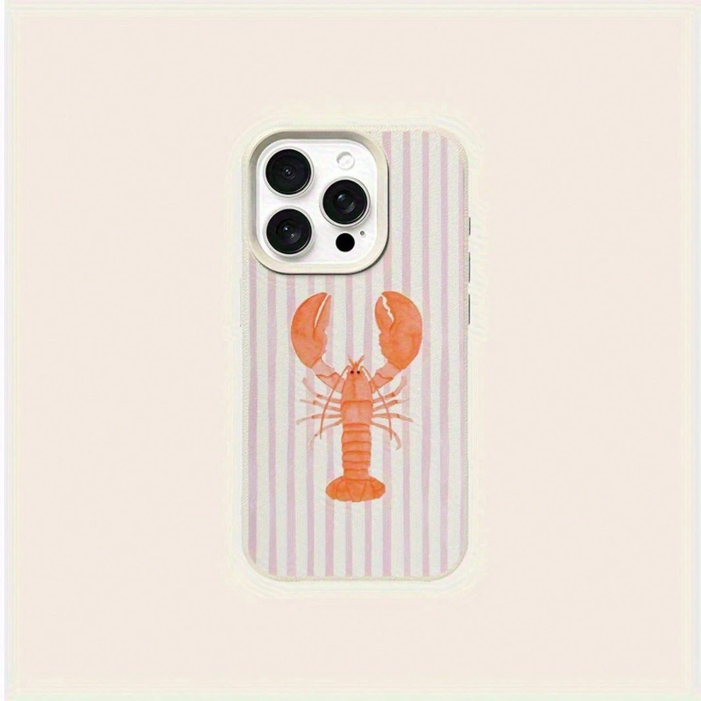 Summer Pink Striped Lobster Design Phone Case For 16 Pro Max, 15 Pro Max/14 Plus/16/13 Pro/12/X/XR/XS Max- Fashionable White Lychee Pattern Shockproof Protective Cover Suitable For Various Occasions