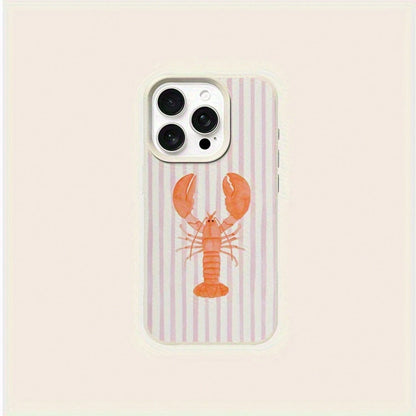 Summer Pink Striped Lobster Design Phone Case For 16 Pro Max, 15 Pro Max/14 Plus/16/13 Pro/12/X/XR/XS Max- Fashionable White Lychee Pattern Shockproof Protective Cover Suitable For Various Occasions