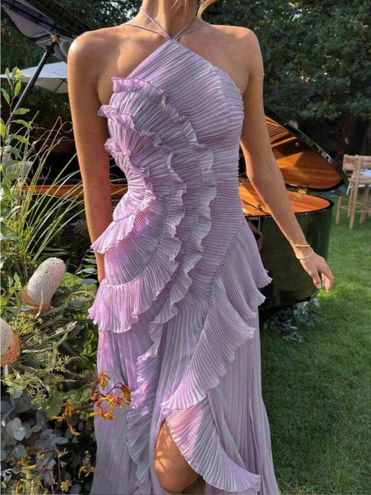 [Summer Style] Best-Selling New Arrivals New Halterneck Sleeveless Irregular Lace Slit Dress Women's Summer High-End Feeling Formal Wear,Sequined