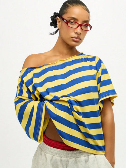 SUMWON Plus Size One Shoulder Striped T-Shirt With Bold Horizontal Pattern Casual Oversized Top