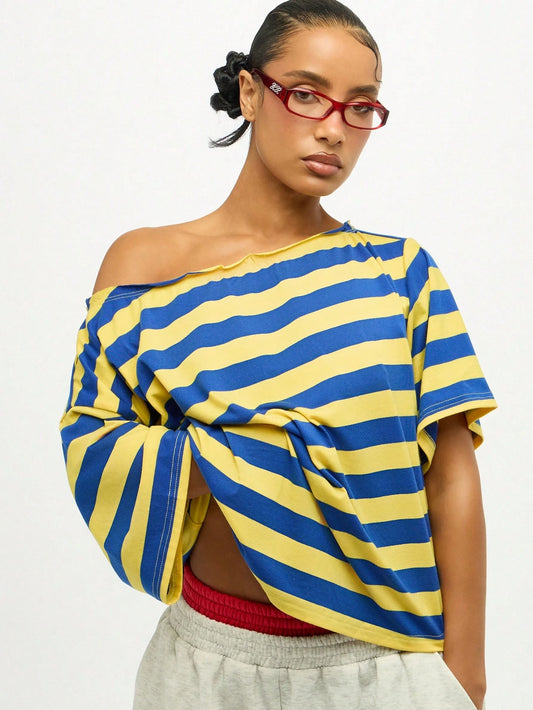 SUMWON Plus Size One Shoulder Striped T-Shirt With Bold Horizontal Pattern Casual Oversized Top